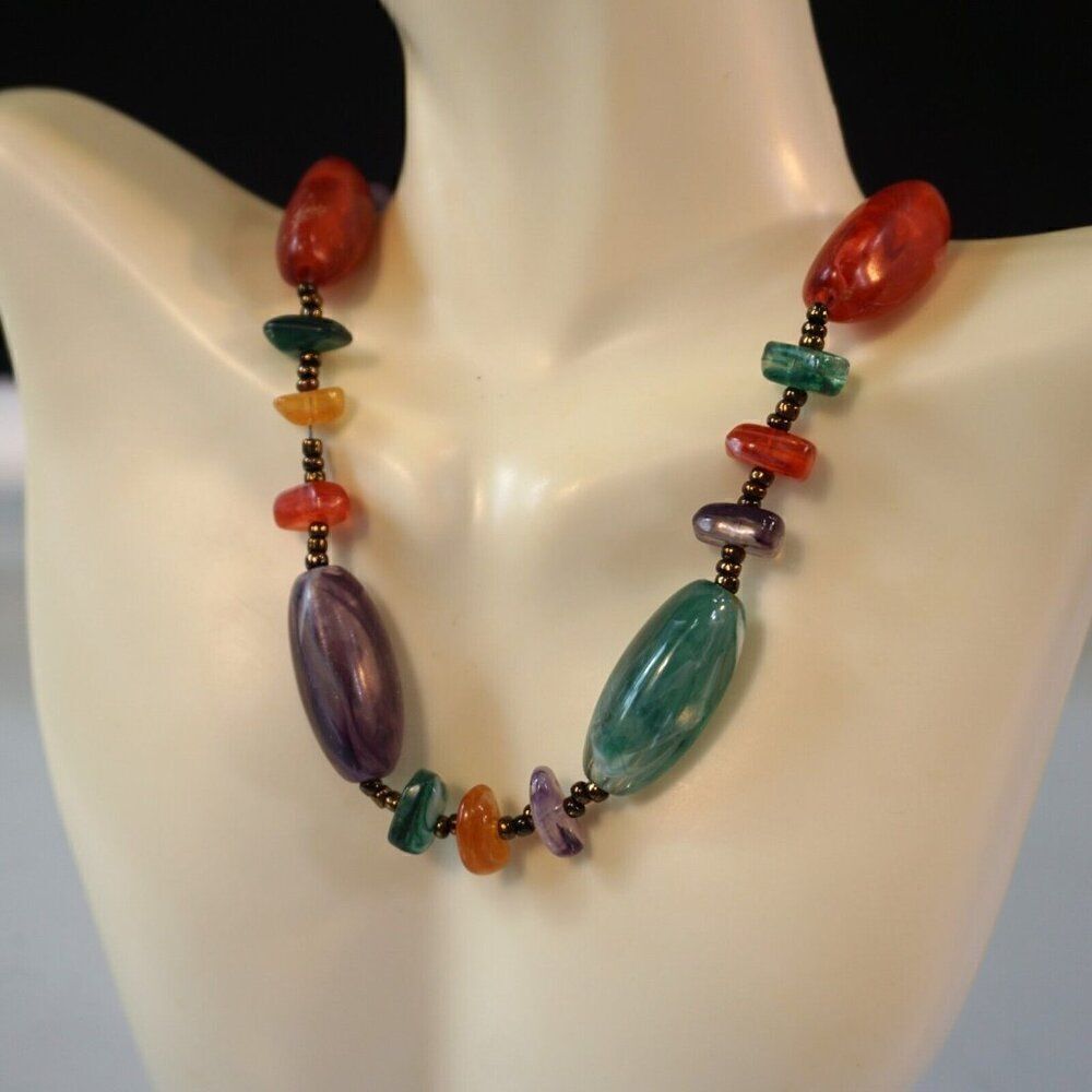 Choker Necklace Polished Multi Colored Gemstone Beads 15 Inch Long